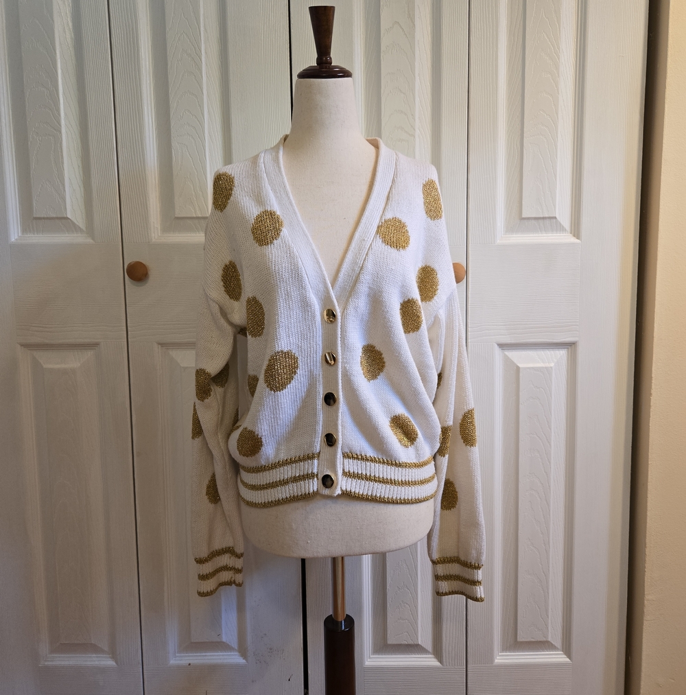 White Cardigan with Gold Polka Dots